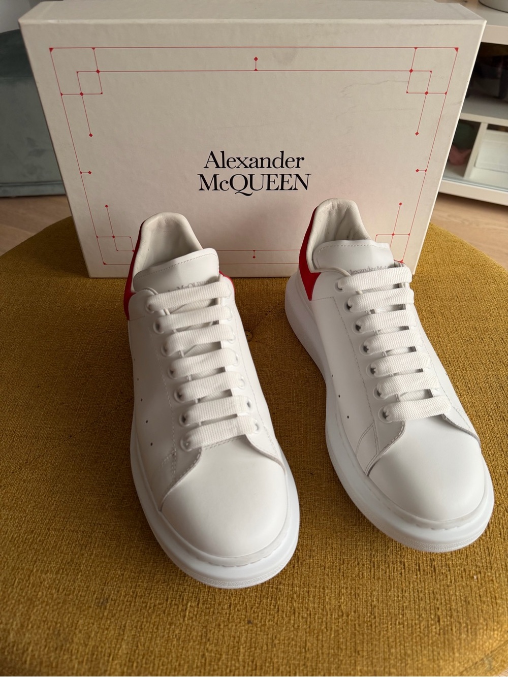 Men's Alexander McQueen Oversized Sneakers White Calf Leather with Red heel